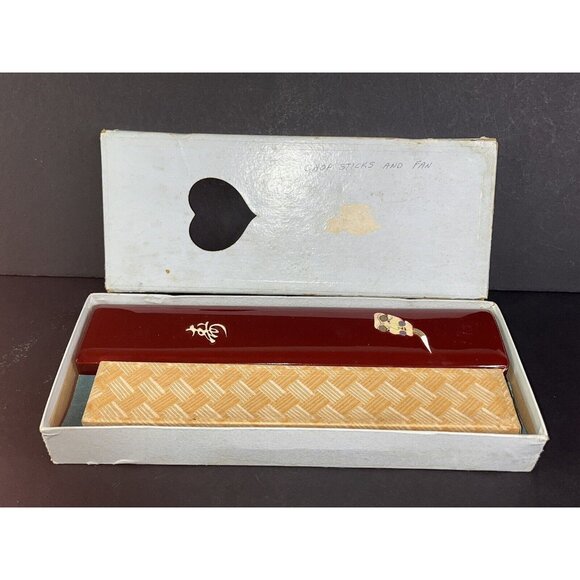 Japanese Chopsticks In Red Enamel Case Boxed Fan Original 2 Set Tachikawa Japan - Picture 2 of 16